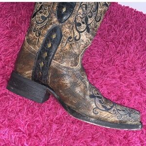 Corral Black Bronze Long Pull Strap Square Toe Cowgirl Western Leather Boots 8.5